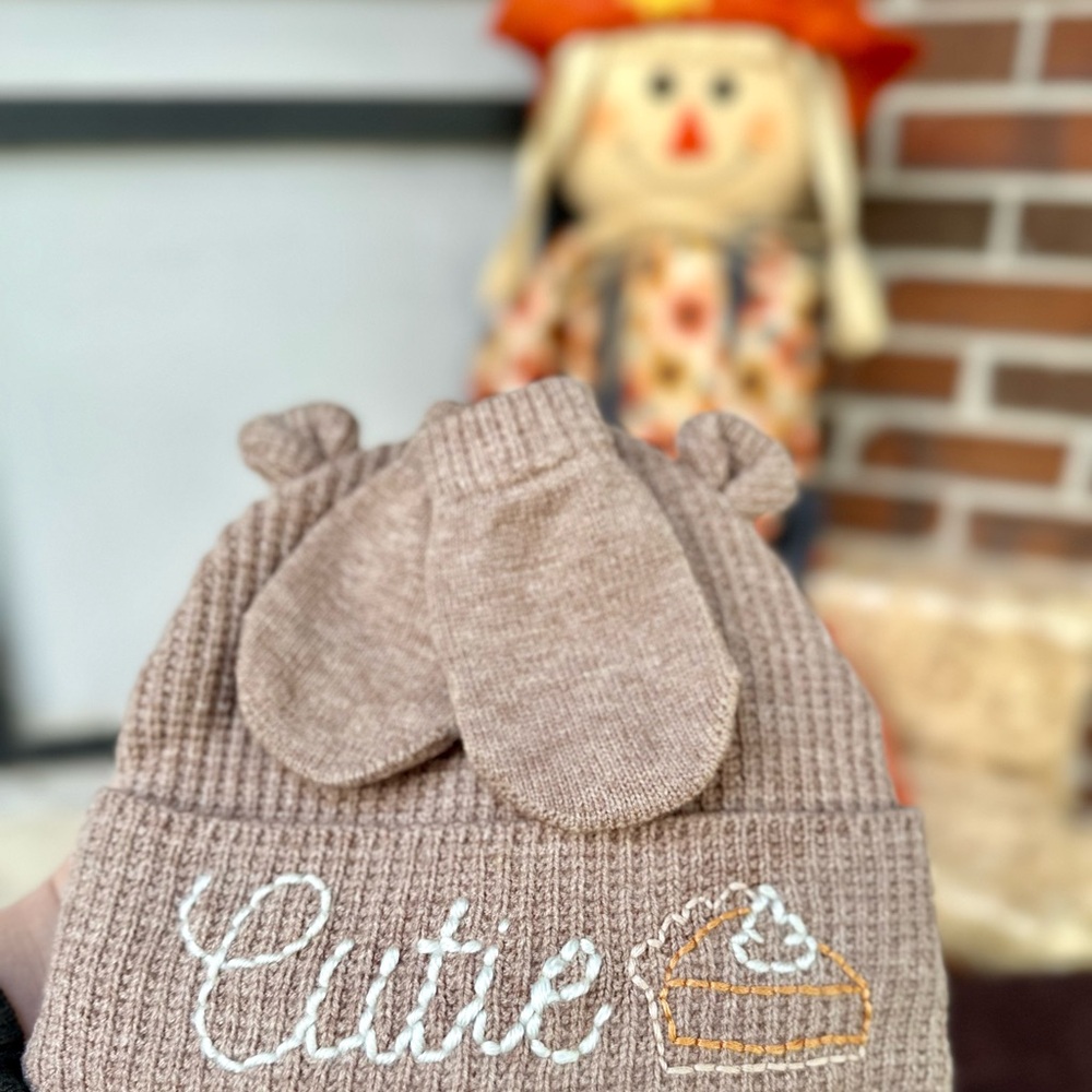 Adorable Tan Knit Hat with 'Cutie' Embroidery